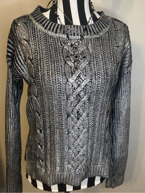 Saks Fifth Avenue Silver Foil Cable Knit Crewneck Sweater Edgy Punk Rock Chic